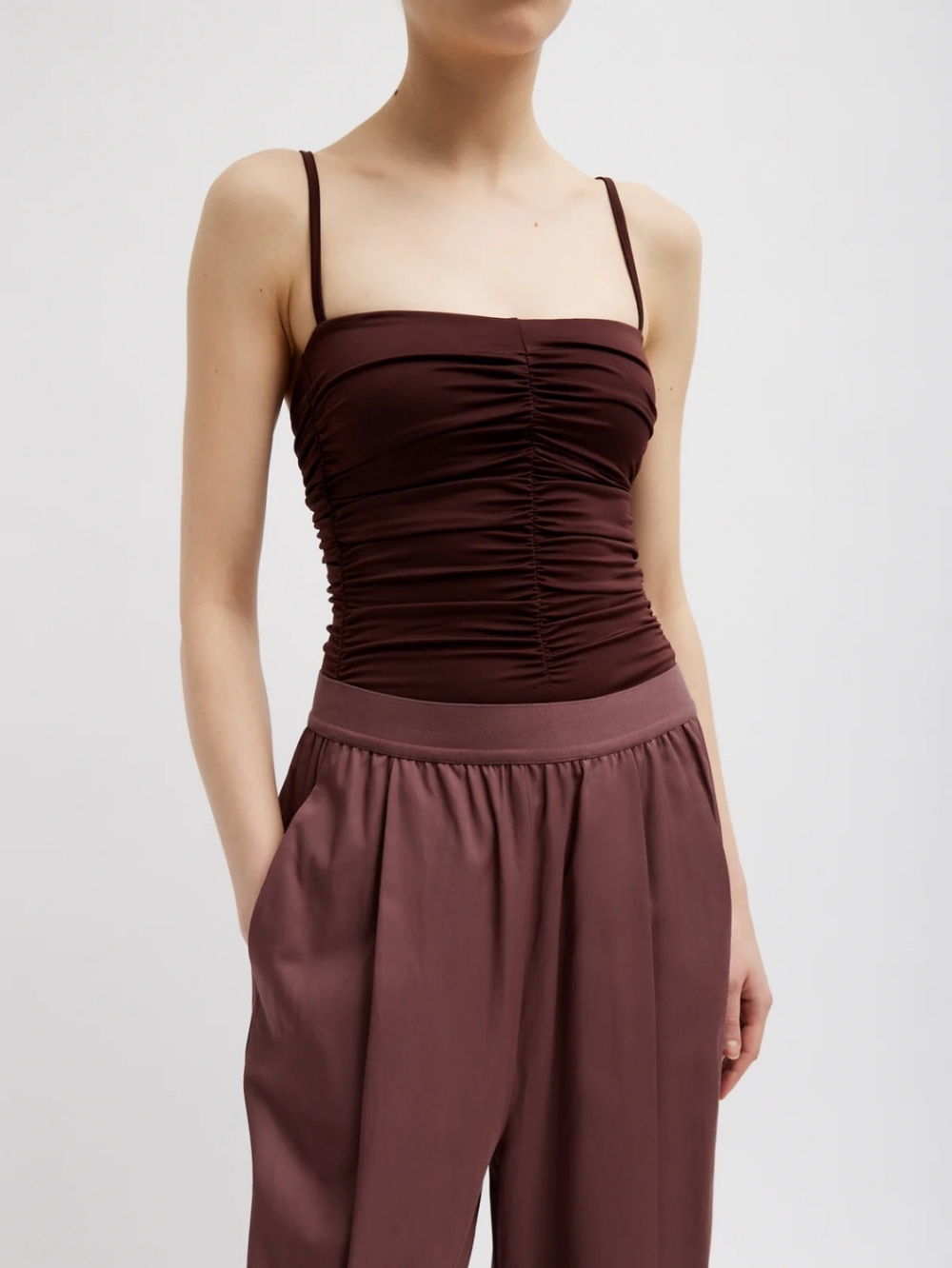 Brown Tibi Stretch Light Weight Tech Knit Shirred Cami